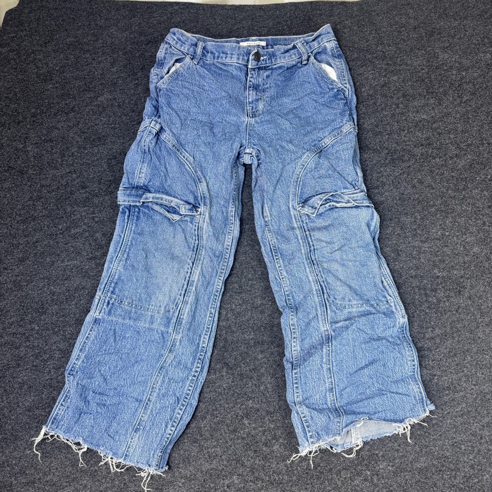 PacSun Pacific Sunwear Baggy Skate Pants Womens 26 Blue Cargo Pockets Raw Hem